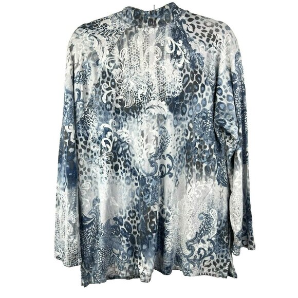 Chicos Women's Top 2 US Large Blue White Long Sleeve Stretch Pullover Paisley - Picture 6 of 7